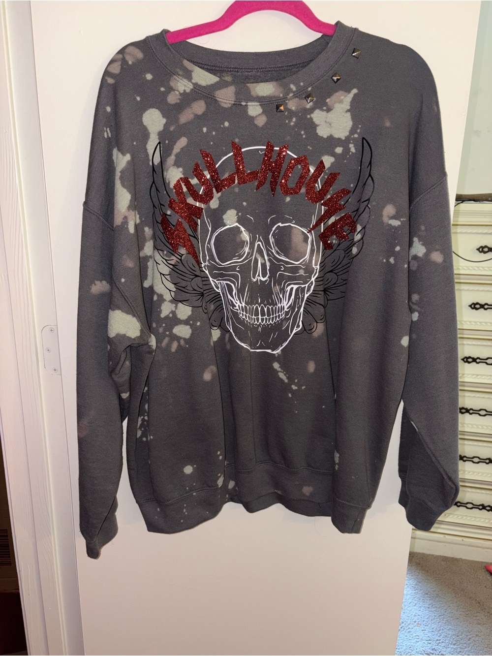 Skullhouse Skull Angel Crewneck Sweatshirt with Red glitter and silver studs